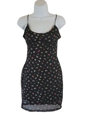 VTG Y2K Blue Jasmine Black Micro Floral Mini Dress Sz M Mesh Dainty Club Fairy